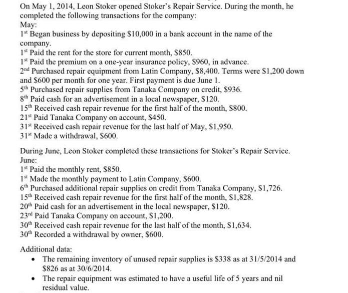 On May 1, 2014, Leon Stoker opened Stoker's Repair Service. During the month, he completed the following