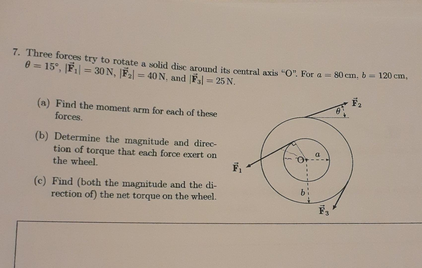 7. Three forces try to rotate a solid disc around its central axis 