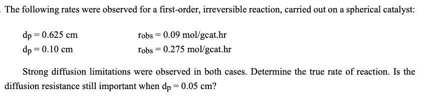 The following rates were observed for a first-order, irreversible reaction, carried out on a spherical