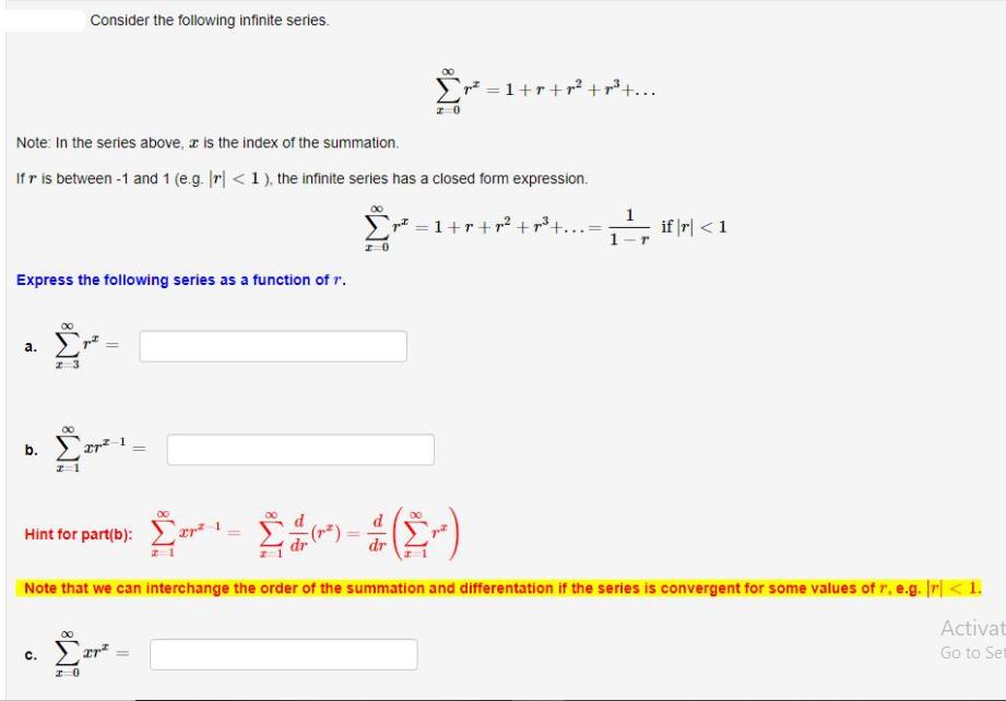 Express the following series as a function of r. a. Note: In the series above, a is the index of the