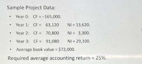 Sample Project Data:  Year 0: CF = -165,000. Year 1: CF= 63,120 Year 2: CF = 70,800 Year 3: CF 91,080 Average