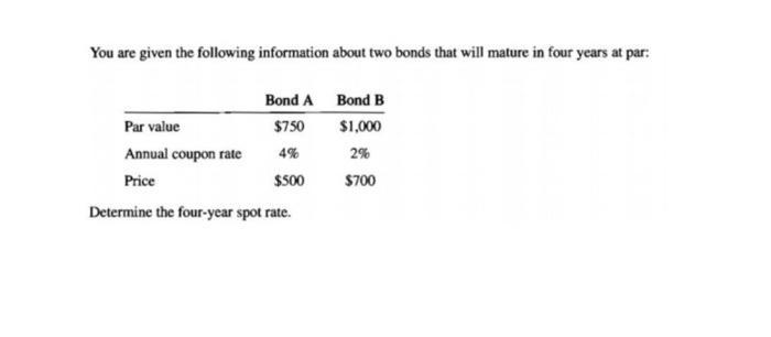 You are given the following information about two bonds that will mature in four years at par: Bond A $750 4%