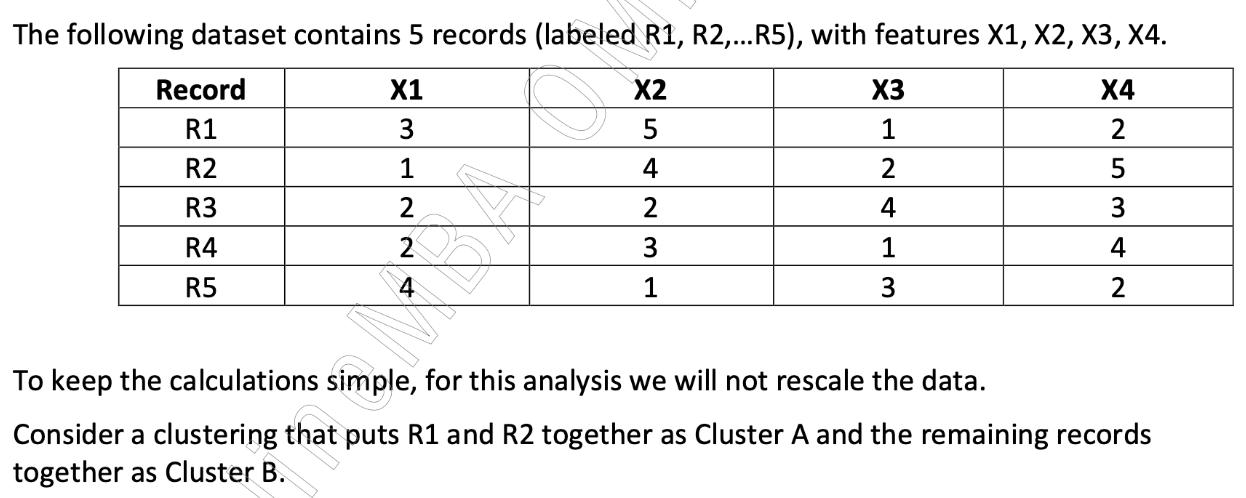 The following dataset contains 5 records (labeled R1, R2,...R5), with features X1, X2, X3, X4. X1 X2 X3 X4 3