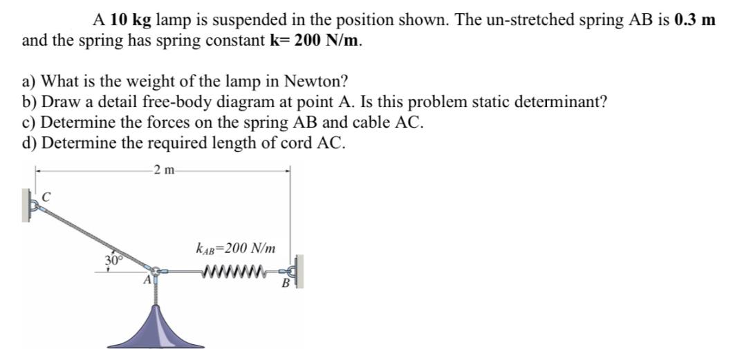 A 10 kg lamp is suspended in the position shown. The un-stretched spring AB is 0.3 m and the spring has