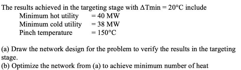 The results achieved in the targeting stage with ATmin= 20C include = 40 MW = 38 MW = 150C Minimum hot