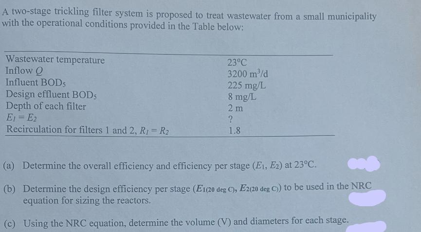 A two-stage trickling filter system is proposed to treat wastewater from a small municipality with the