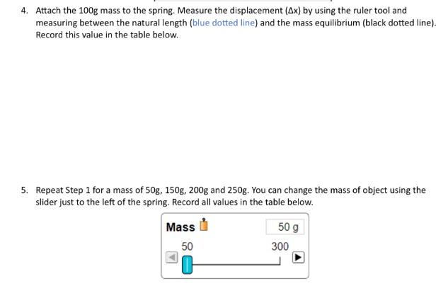4. Attach the 100g mass to the spring. Measure the displacement (Ax) by using the ruler tool and measuring
