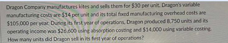 Dragon Company manufactures kites and sells them for $30 per unit. Dragon's variable manufacturing costs are