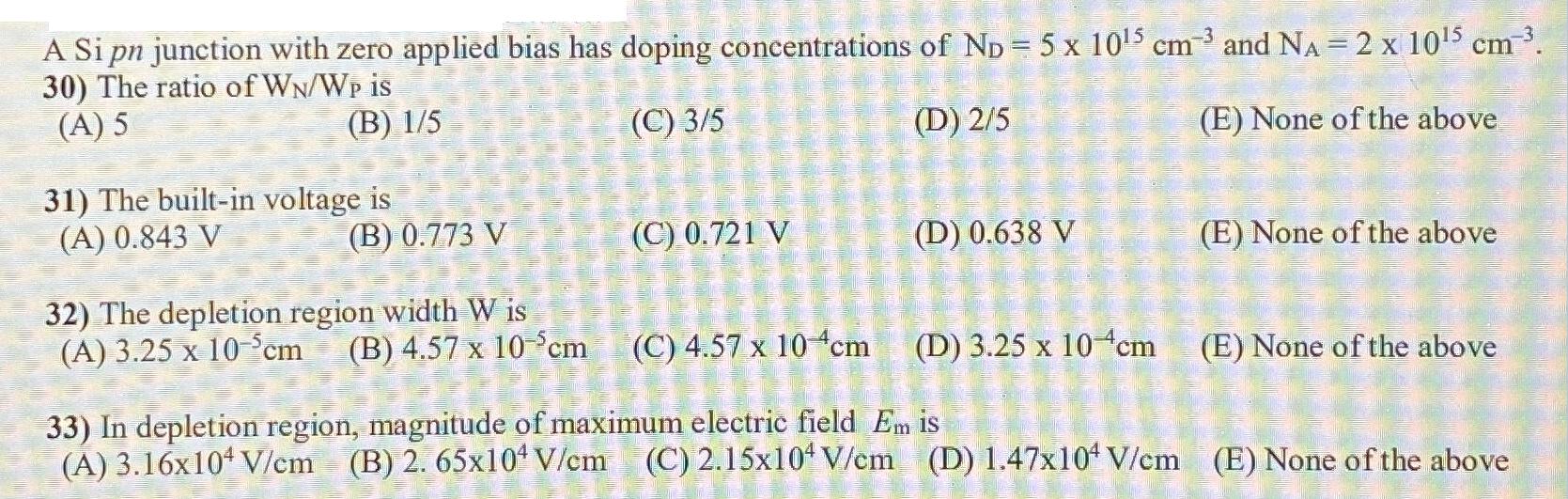 A si pn junction with zero applied bias has doping concentrations of ND = 5 x 105 cm and NA = 2 x 105 cm . -3