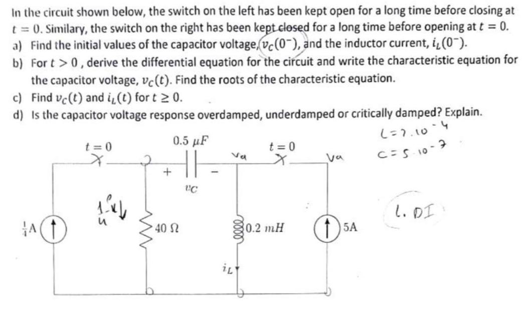 In the circuit shown below, the switch on the left has been kept open for a long time before closing at t =