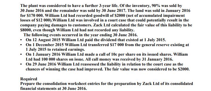 The plant was considered to have a further 3-year life. Of the inventory, 90% was sold by 30 June 2016 and