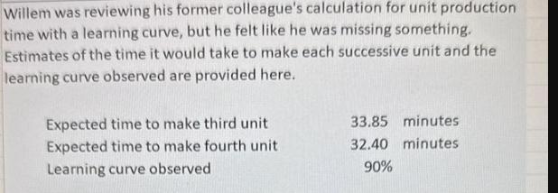 Willem was reviewing his former colleague's calculation for unit production time with a learning curve, but