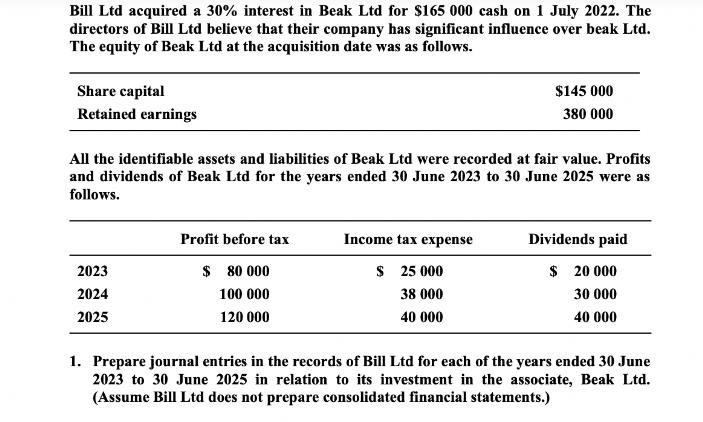 Bill Ltd acquired a 30% interest in Beak Ltd for $165 000 cash on 1 July 2022. The directors of Bill Ltd