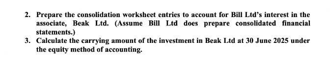 2. Prepare the consolidation worksheet entries to account for Bill Ltd's interest in the associate, Beak Ltd.