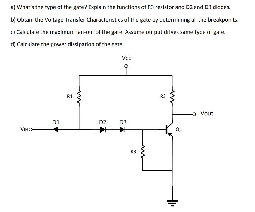 a) What's the type of the gate? Explain the functions of R3 resistor and D2 and D3 diodes. b) Obtain the