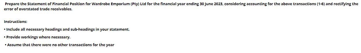 Prepare the Statement of Financial Position for Wardrobe Emporium (Pty) Ltd for the financial year ending 30