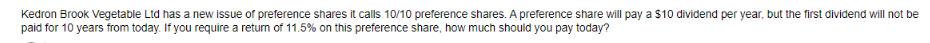 Kedron Brook Vegetable Ltd has a new issue of preference shares it calls 10/10 preference shares. A