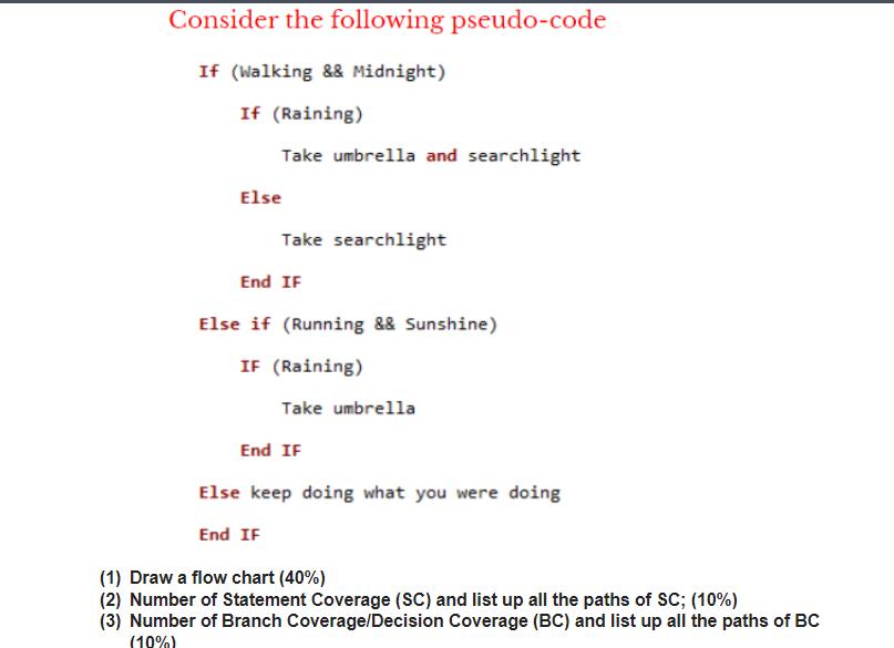 Consider the following pseudo-code If (Walking && Midnight) If (Raining) Take umbrella and searchlight Else