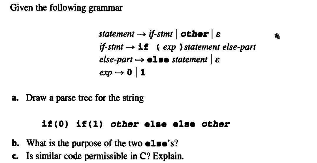 Given the following grammar statement  if-stmt | other | e if-stmt if (exp) statement else-part else-part 