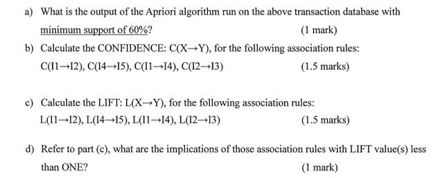 a) What is the output of the Apriori algorithm run on the above transaction database with minimum support of