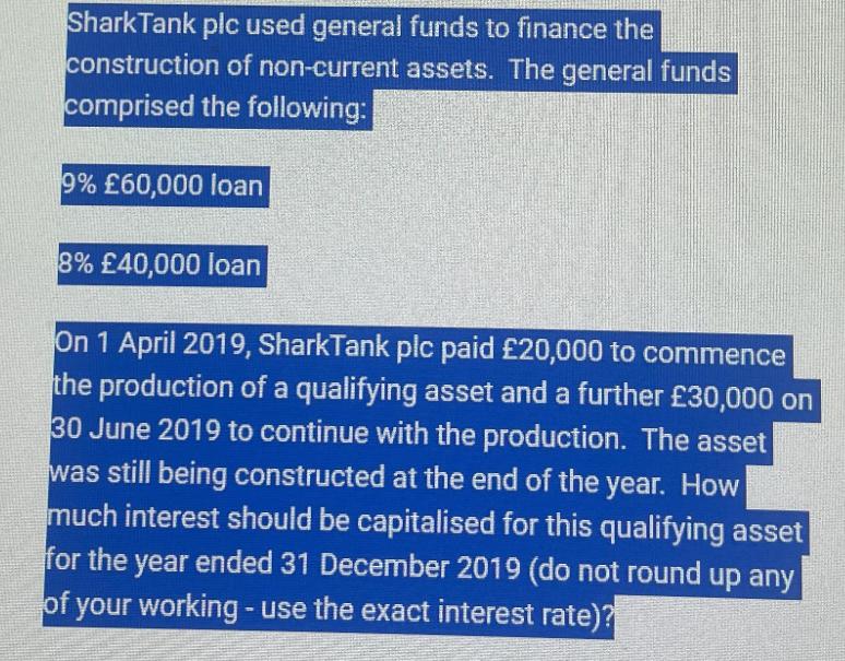 Shark Tank plc used general funds to finance the construction of non-current assets. The general funds