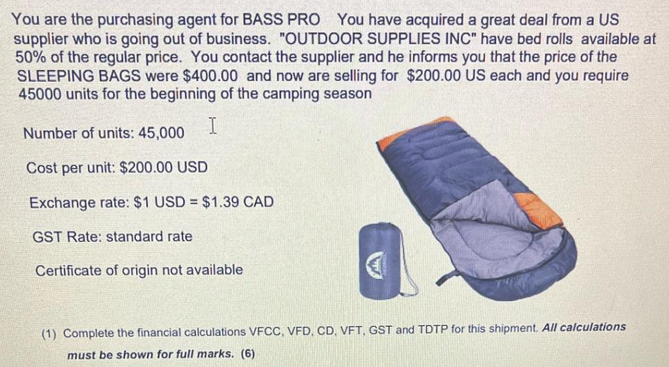 You are the purchasing agent for BASS PRO You have acquired a great deal from a US supplier who is going out