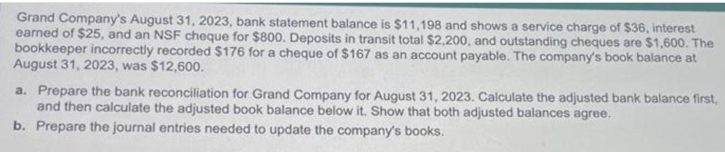 Grand Company's August 31, 2023, bank statement balance is $11,198 and shows a service charge of $36,