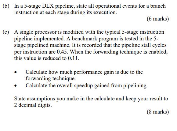 (b) In a 5-stage DLX pipeline, state all operational events for a branch instruction at each stage during its