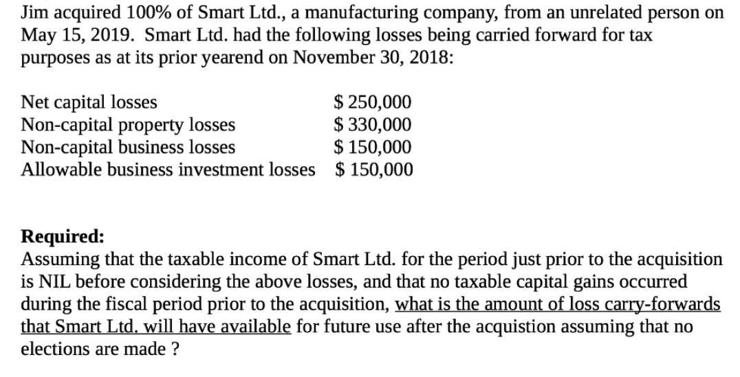 Jim acquired 100% of Smart Ltd., a manufacturing company, from an unrelated person on May 15, 2019. Smart