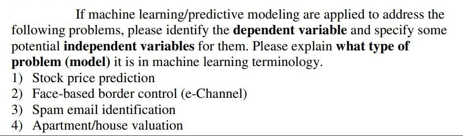 If machine learning/predictive modeling are applied to address the following problems, please identify the