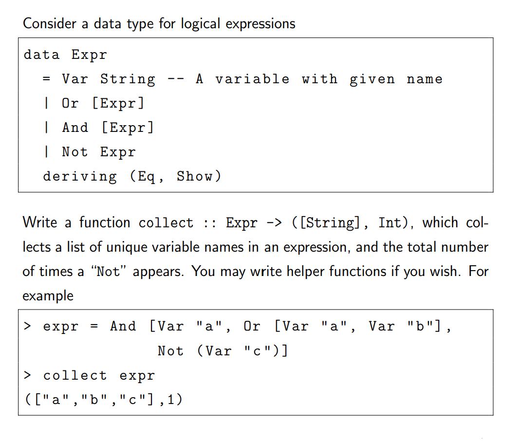 Consider a data type for logical expressions data Expr = Var String Or [Expr] And [Expr] -- A variable with