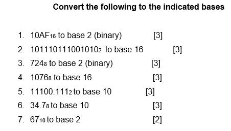 Convert the following to the indicated bases 1. 10AF16 to base 2 (binary) 2. 3. 7248 to base 2 (binary) 4.