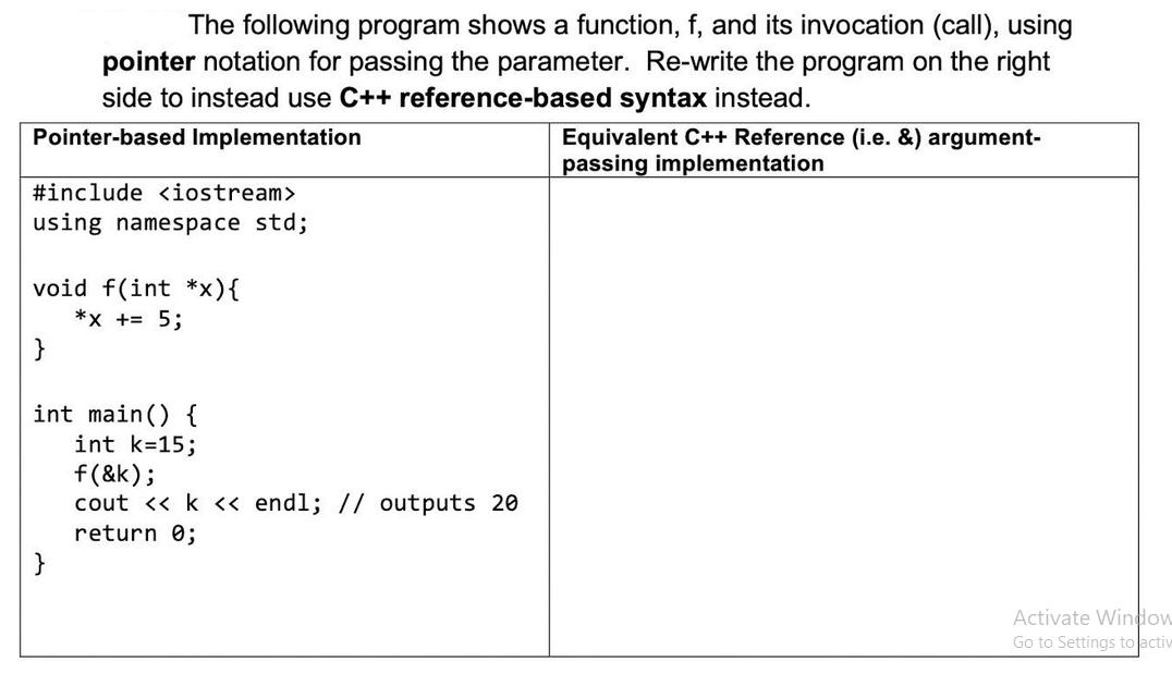 The following program shows a function, f, and its invocation (call), using pointer notation for passing the
