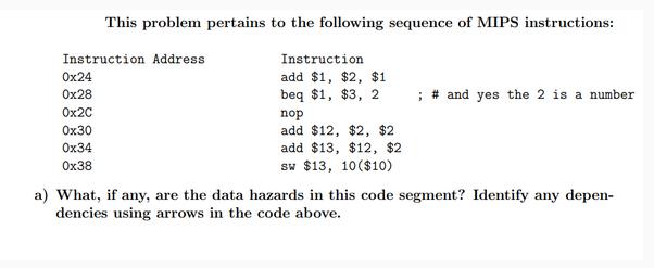 This problem pertains to the following sequence of MIPS instructions: Instruction Address 0x24 0x28 0x2C 0x30