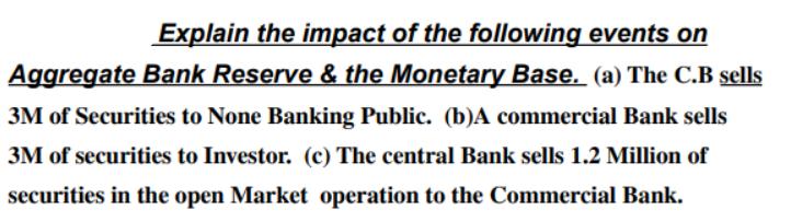 Explain the impact of the following events on Aggregate Bank Reserve & the Monetary Base. (a) The C.B sells