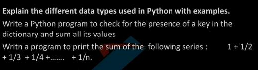 Explain the different data types used in Python with examples. Write a Python program to check for the