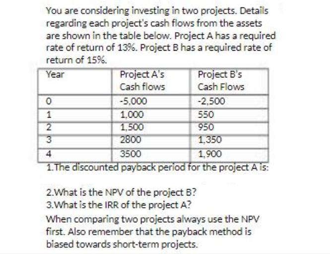 You are considering investing in two projects. Details regarding each project's cash flows from the assets