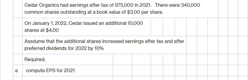 a Cedar Organics had earnings after tax of 875,000 in 2021. There were 340,000 common shares outstanding at a