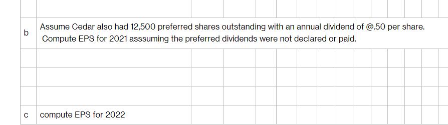 b  Assume Cedar also had 12,500 preferred shares outstanding with an annual dividend of @.50 per share.