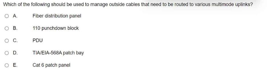 Which of the following should be used to manage outside cables that need to be routed to various multimode