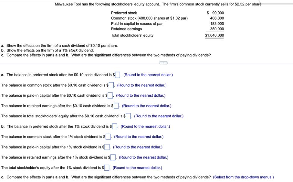 Milwaukee Tool has the following stockholders' equity account. The firm's common stock currently sells for