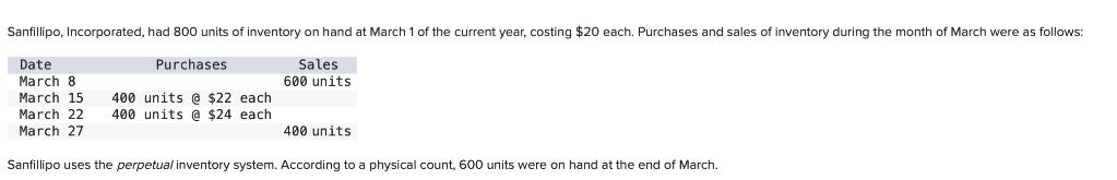 Sanfillipo, Incorporated, had 800 units of inventory on hand at March 1 of the current year, costing $20