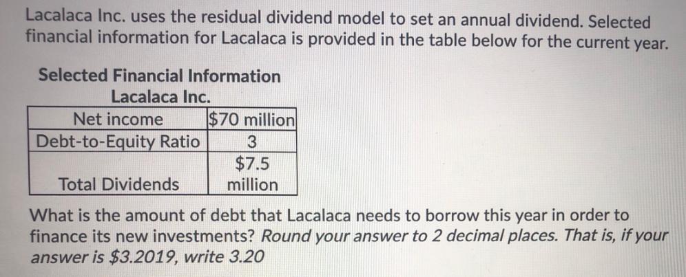 Lacalaca Inc. uses the residual dividend model to set an annual dividend. Selected financial information for