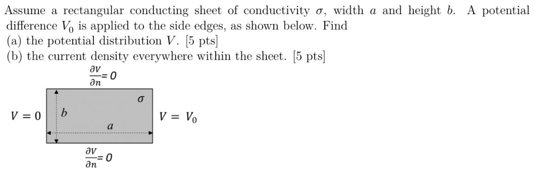 Assume a rectangular conducting sheet of conductivity o, width a and height b. A potential difference Vo is