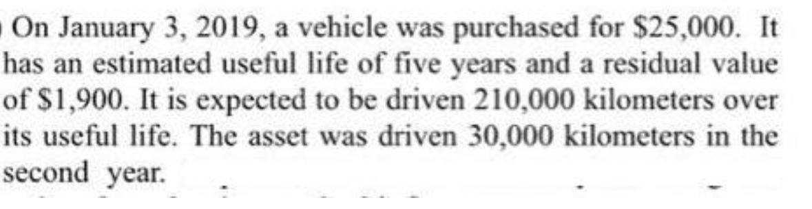 On January 3, 2019, a vehicle was purchased for $25,000. It has an estimated useful life of five years and a