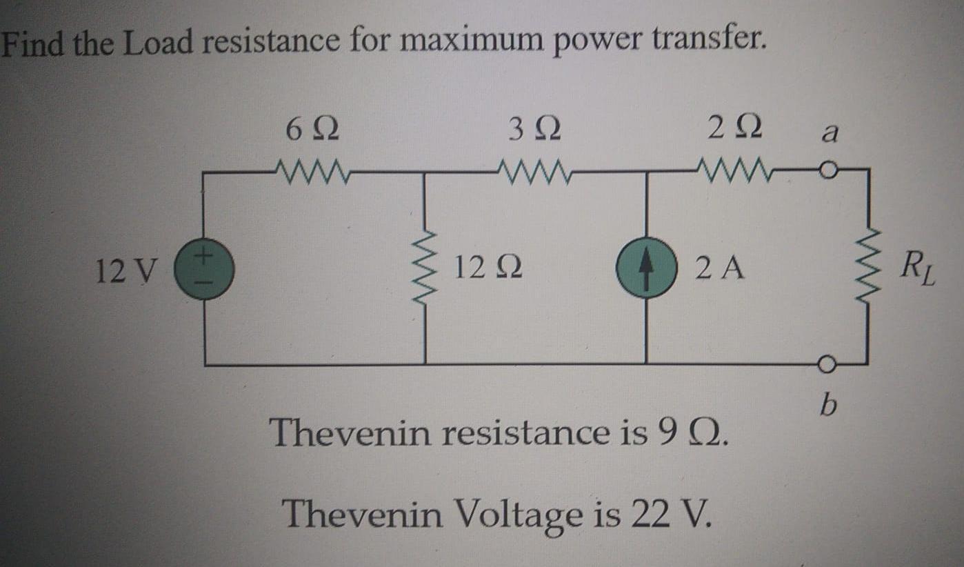 Find the Load resistance for maximum power transfer. 6 ww 12 V 3  ww 12  292 www 2 A Thevenin resistance is 9