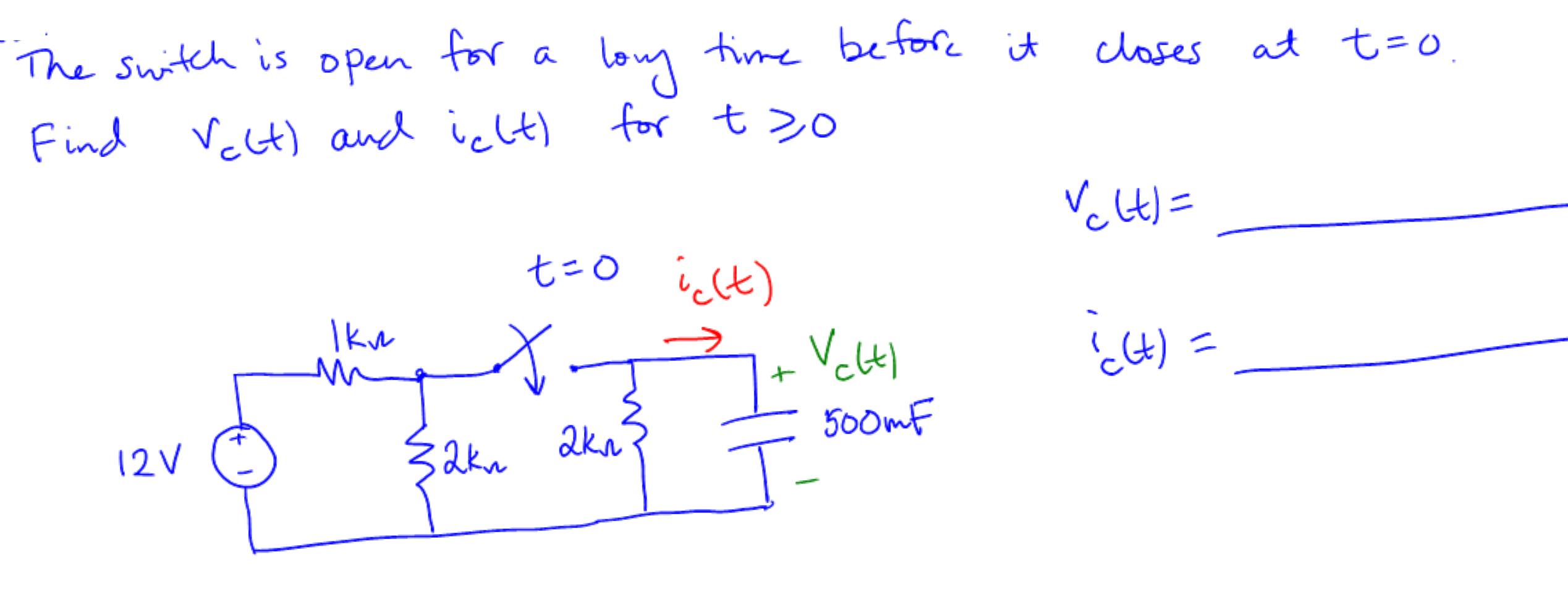 The Switch is for a open Find Velt) and icht) for t>o 12V 1  32 long time before it t=0 ic(t) 2  + Velti