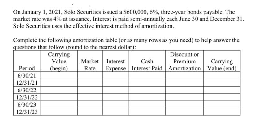 On January 1, 2021, Solo Securities issued a $600,000, 6%, three-year bonds payable. The market rate was 4%