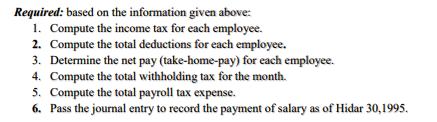 Required: based on the information given above: 1. Compute the income tax for each employee. 2. Compute the