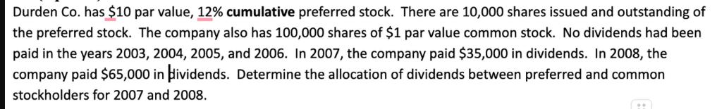 Durden Co. has $10 par value, 12% cumulative preferred stock. There are 10,000 shares issued and outstanding